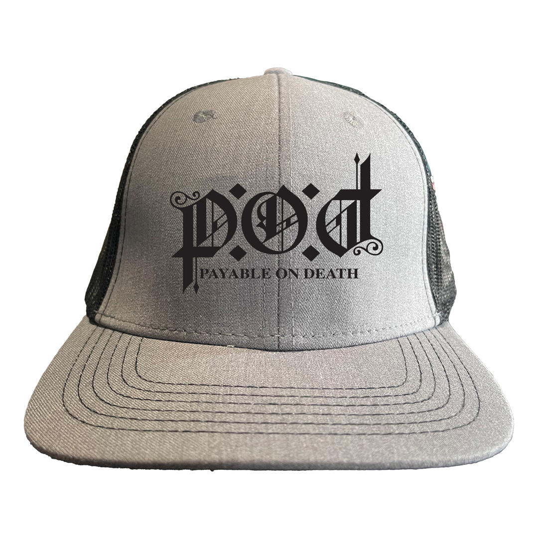 baseball hat-grey/black-"P.O.D payable on death"