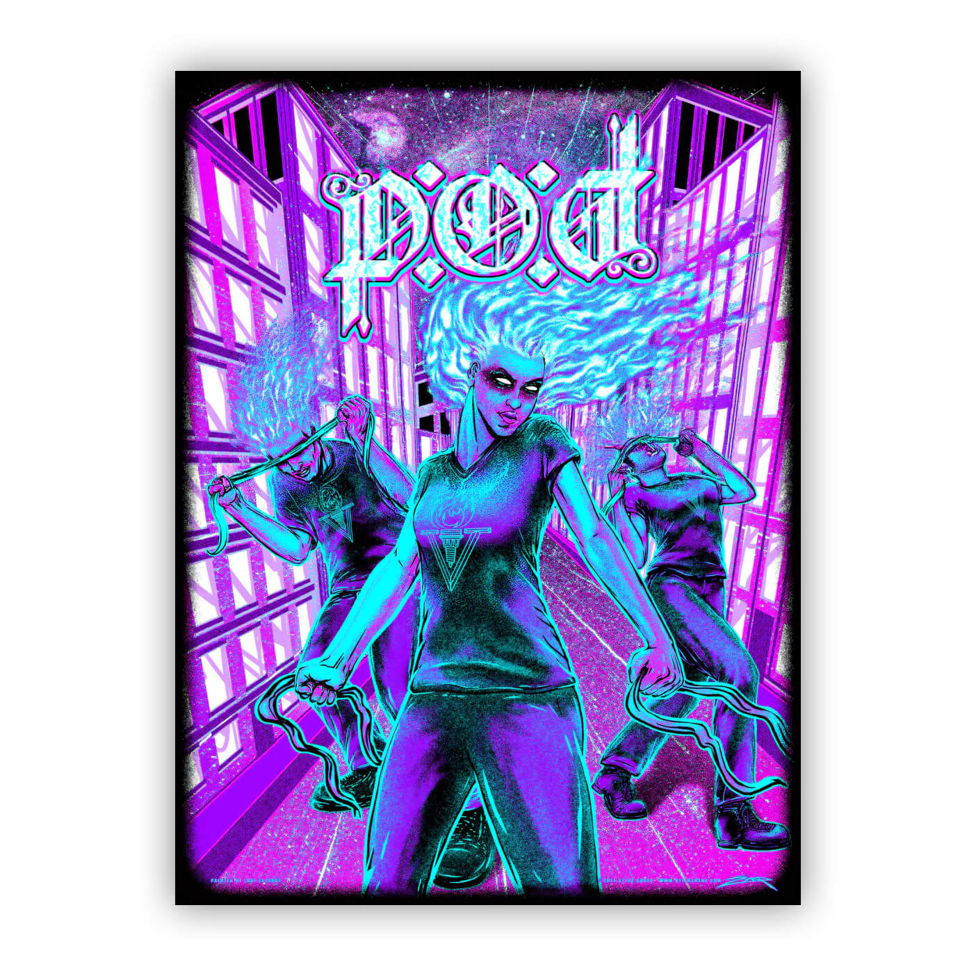 poster-"P.O.D" people with flame hair and blindfolds wearing tee with flame torch