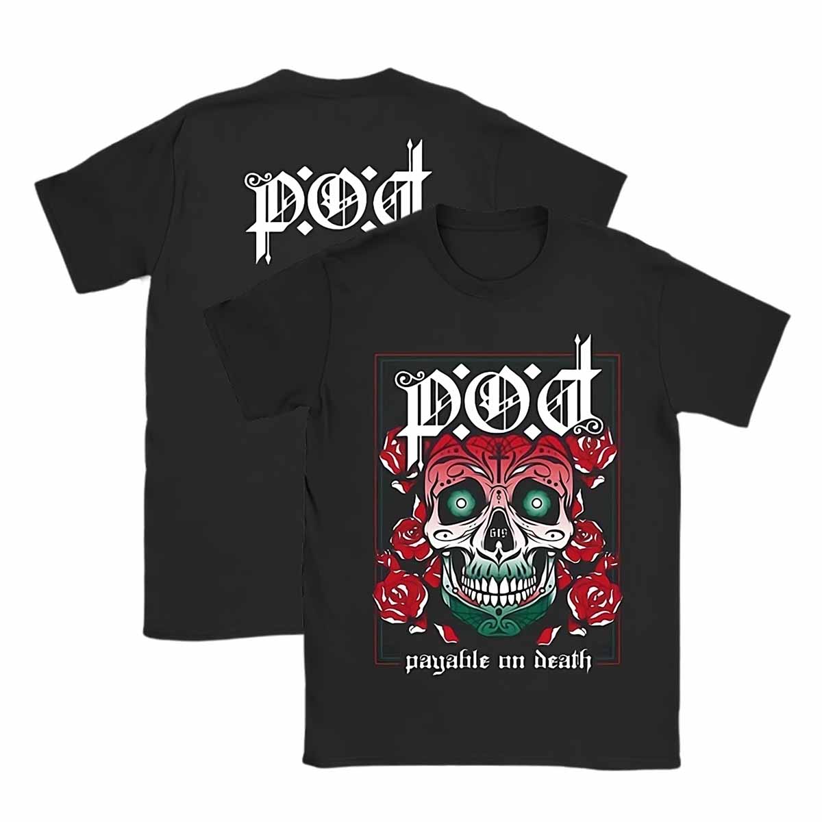 tee-black-front POD logo "2023" with skull and roses-back POD logo