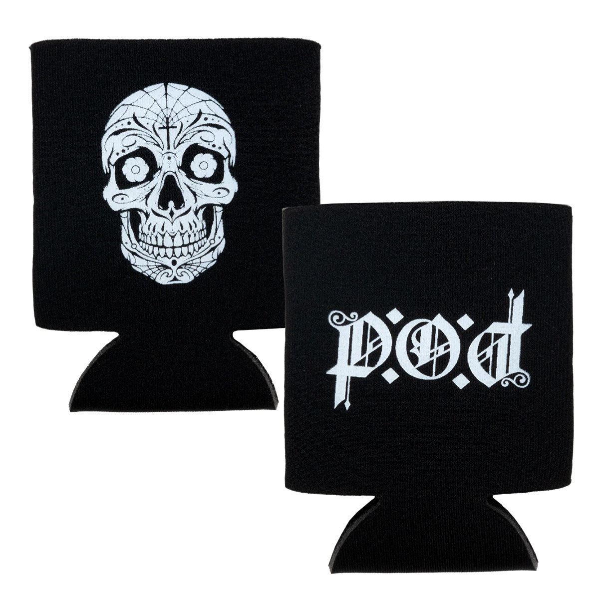 can cooler-black-front skull with cross on forehead-back P.O.D logo